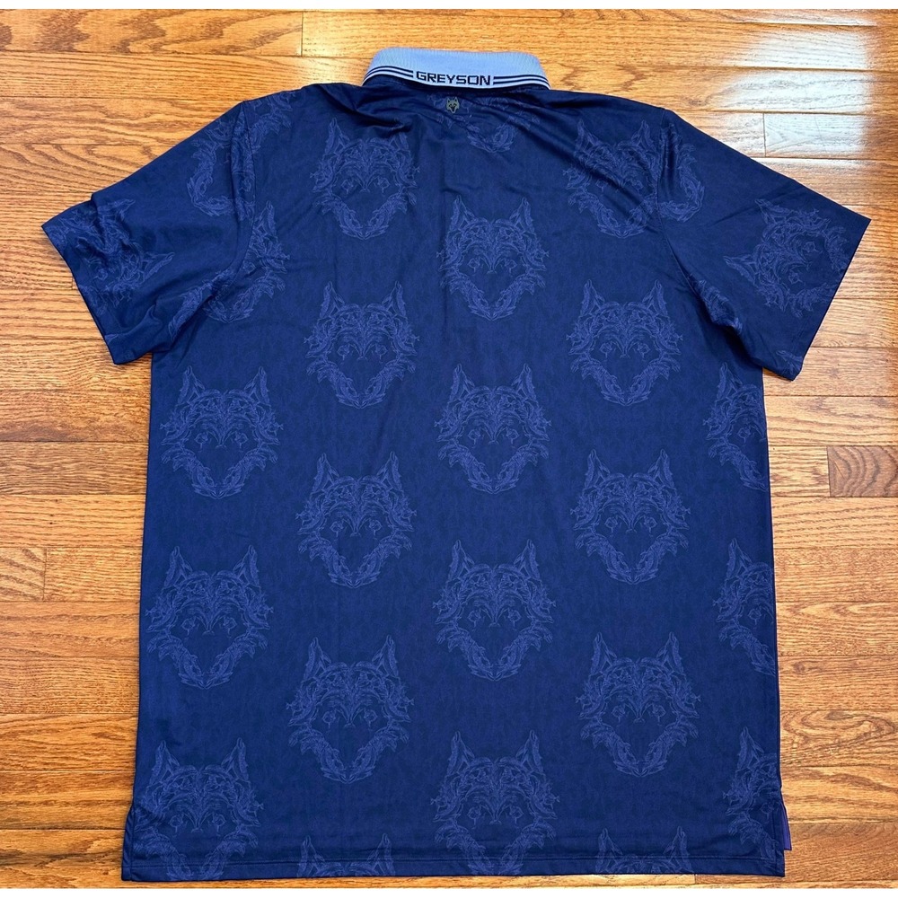 Greyson Golf Performance Polo Shirt Mens 2XL Dolphin Island Wolf Print AOP Blue